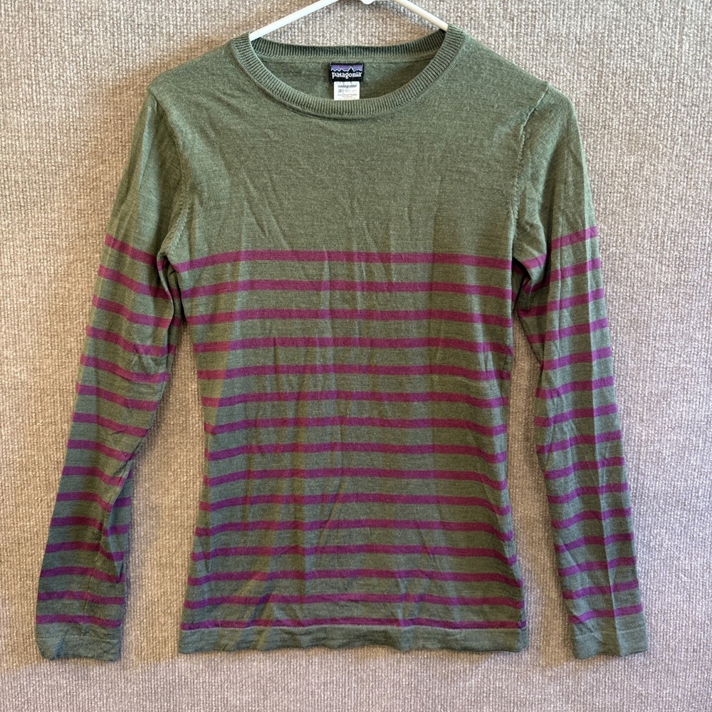 Patagonia 100% Merino Wool Crewneck Striped Sweater Womens S Green Lightweight